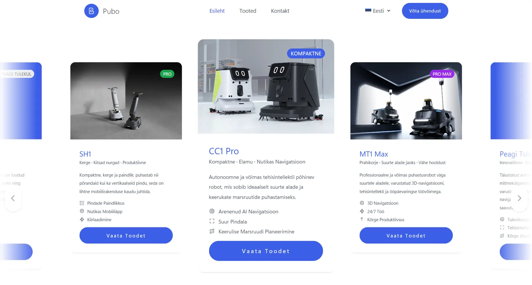 Pubo kodulehe toodete slaider